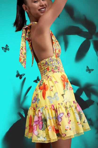 Halter Neck Smocking Frill Mini Dress