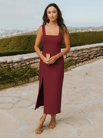 Split Front Low-slit Casual Square Neck Sleeveless Midi Dress