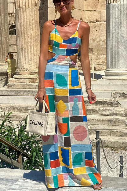 Linen Blend Colorful Unique Print Cutout Back Tie-up Maxi Dress