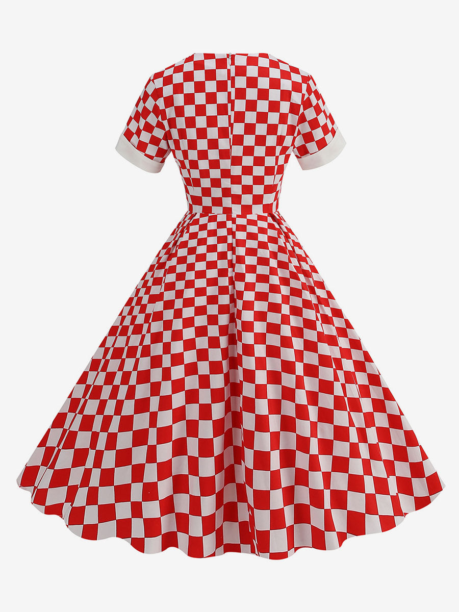 Dress Block Designed Neckline Short Sleeves Retro Midi Dress