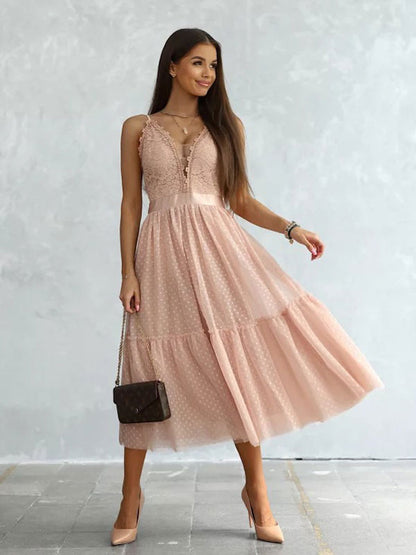 Birthday Lace V-Neck Sleeveless Midi Dresses