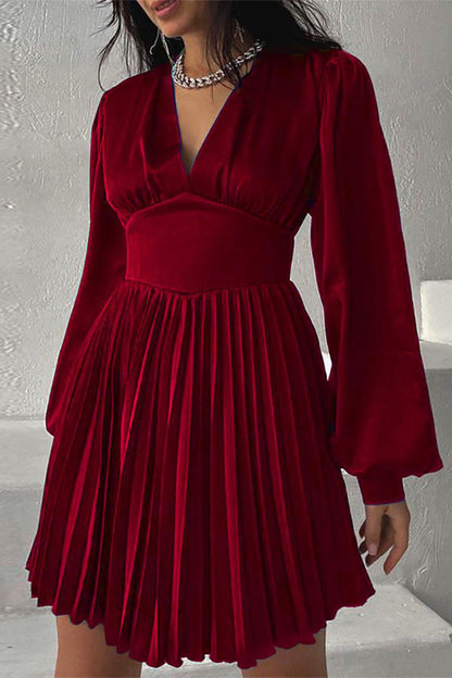 Trendy V-neck Balloon Sleeve Pleated Mini Dress