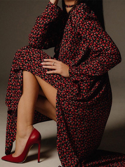 Floral Dress Bloosm Plunge High Slit Long Sleeves Busniess Casual Maxi Dresses