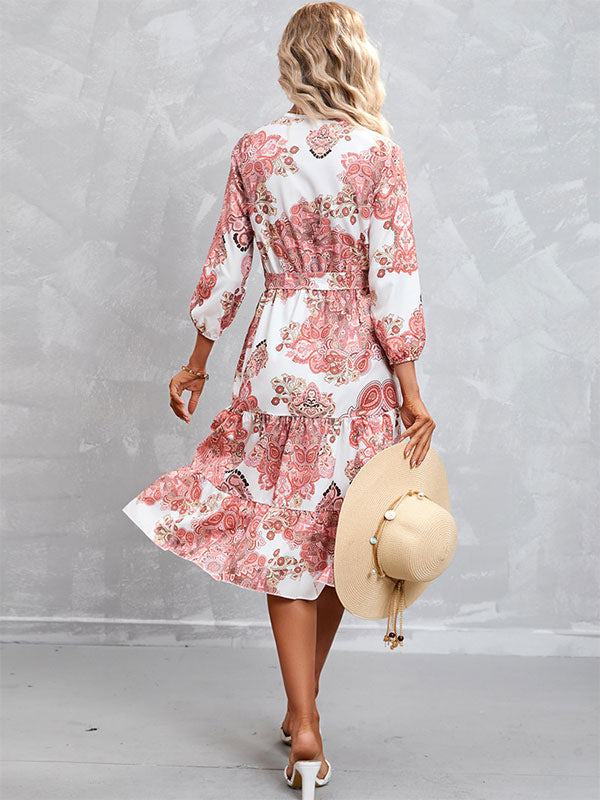 Geometric Lace Up Layered Chic V-Neck 3/4 Length Sleeves Midi Dress
