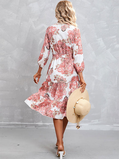 Geometric Lace Up Layered Chic V-Neck 3/4 Length Sleeves Midi Dress
