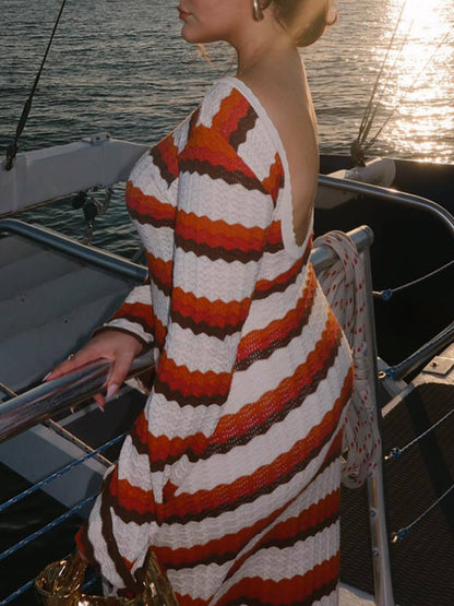 Long Sleeves Loose Backless Split-Joint Striped Round-Neck Maxi Dresses Sweater Dresses