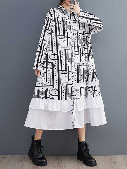 A-Line Long Sleeves Asymmetric Buttoned Printed Split-Joint Lapel Midi Dresses