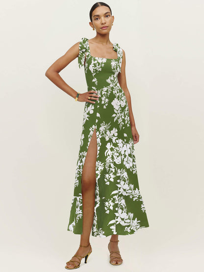 BUDDING BEAUTY SPLIT FLORAL MAXI DRESS - GREEN