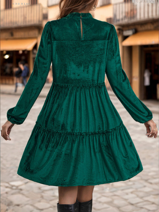 Velvet Dress Dark Green Buttons Daily Casual Long Sleeves Jewel Neck Spring Knee Length Midi Dress