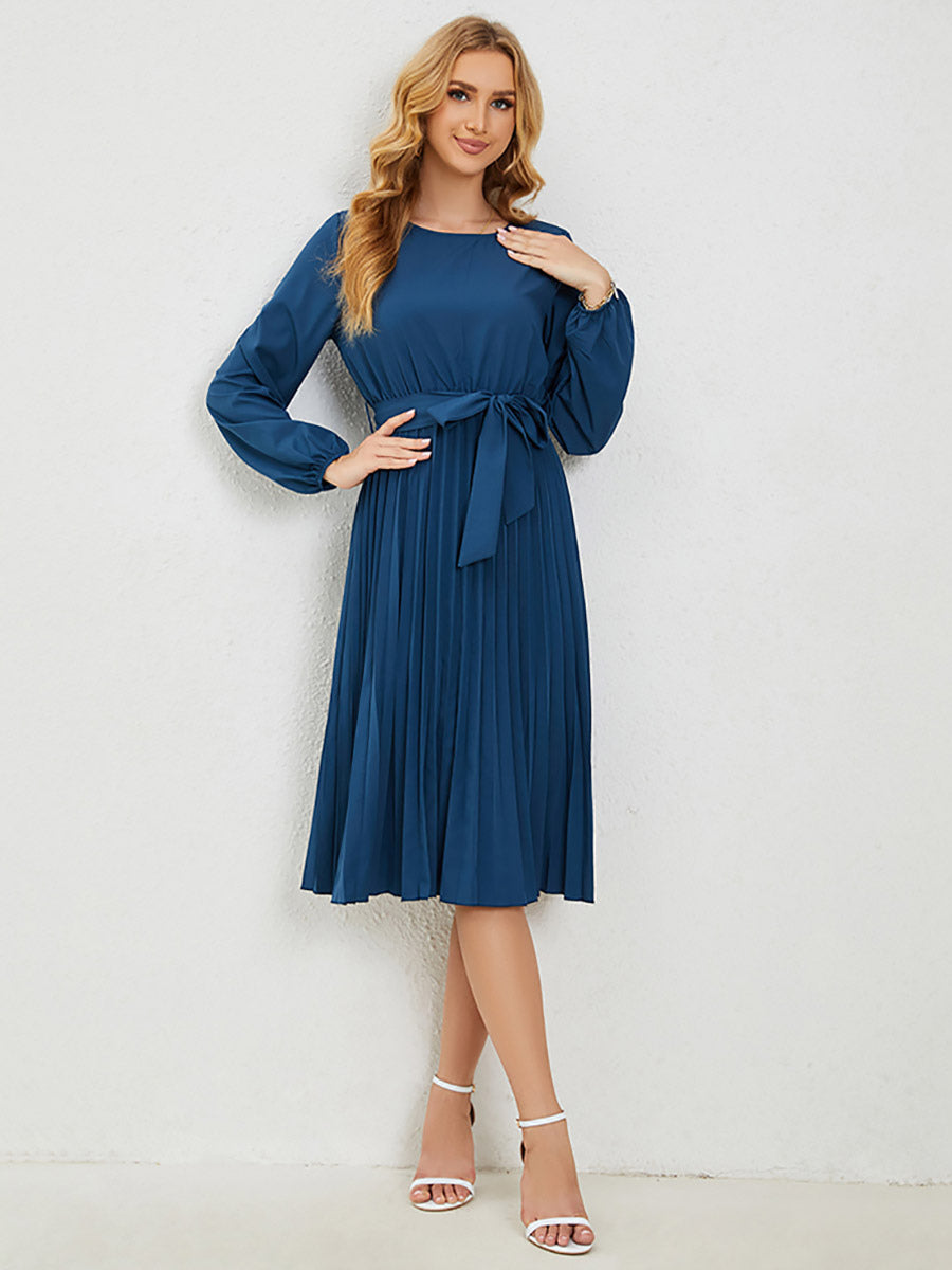 Midi Dresses Jewel Neck Lantern Sleeve Belted Pleated Dress