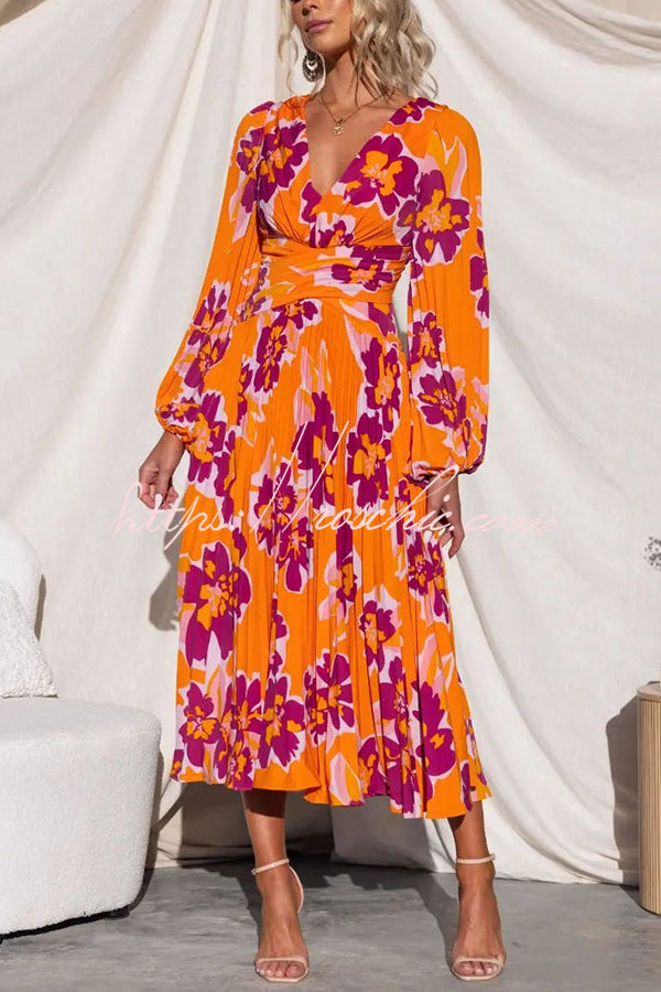 Feeling Loved Floral Print Back Cutout Pleated Midi Dress