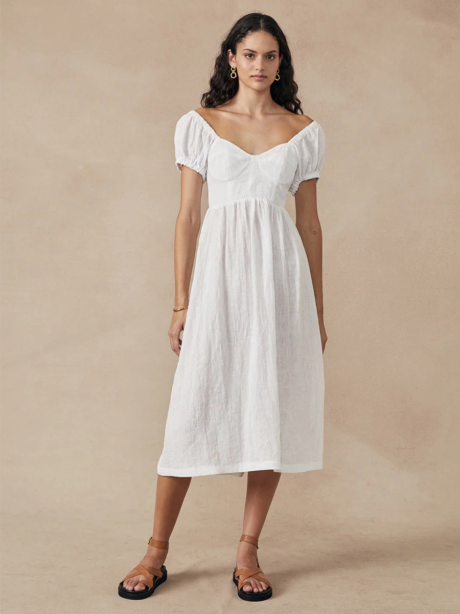Boho Dress Bateau Neck Short Sleeves Pleated Summer Casual Midi Dresses
