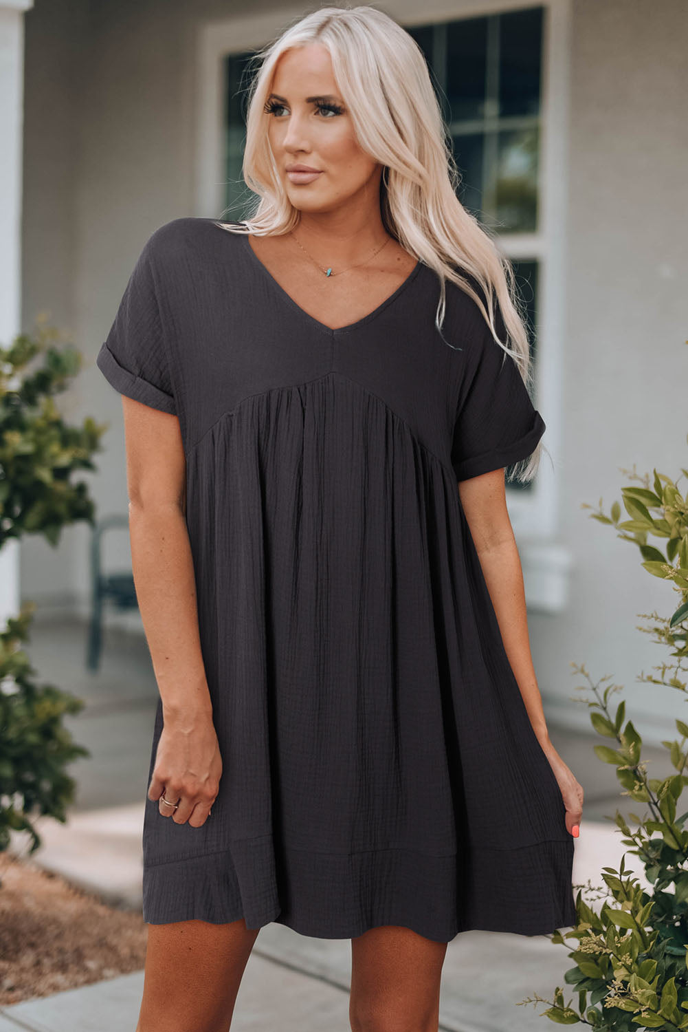 Gray Roll Up Short Sleeve V Neck Babydoll Mini Dress