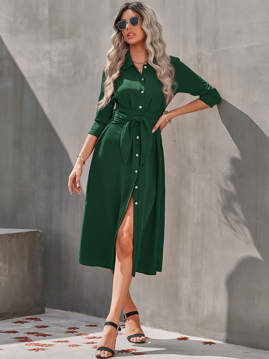 Turndown Collar Long Sleeves Midi Dress