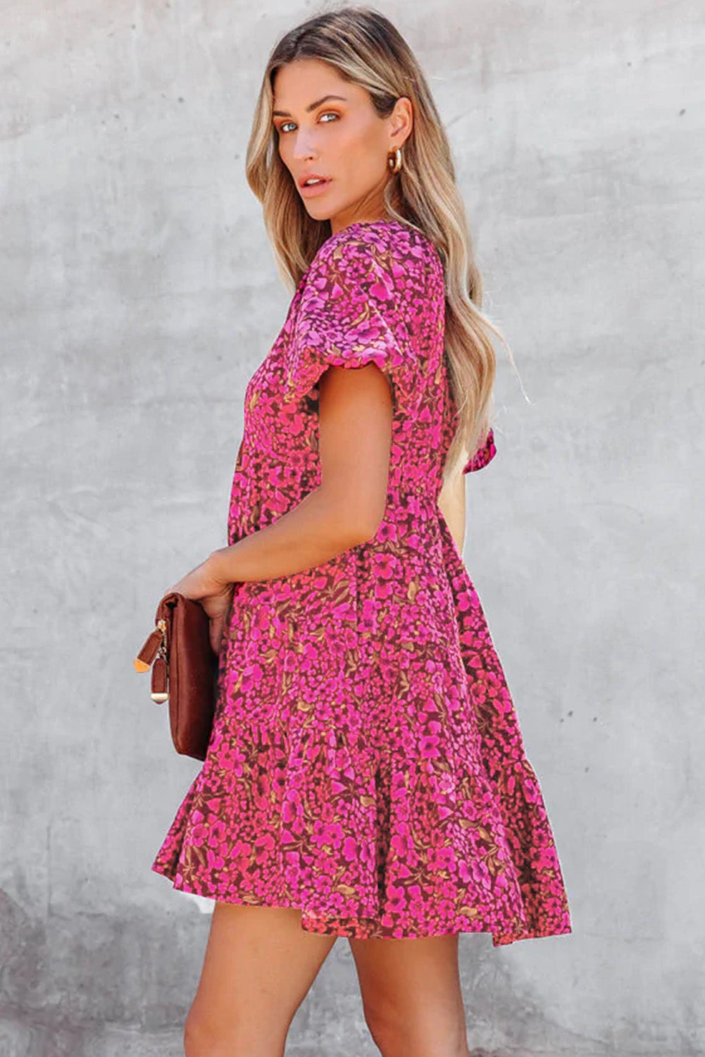 Rose Floral Print Puff Sleeve Babydoll Mini Dress