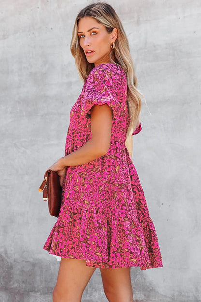 Rose Floral Print Puff Sleeve Babydoll Mini Dress