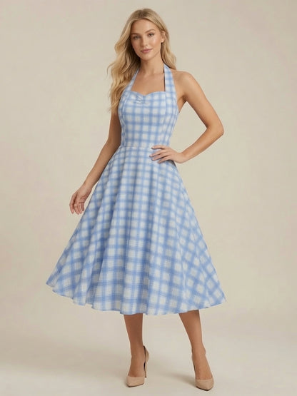Chic Fitted Blue Plaid Gown With A Line Skirt Perfect For Summer Parties