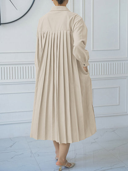 Loose Three-quarter Sleeves Buttoned Split-side Lapel Midi Dresses Shirt Dress