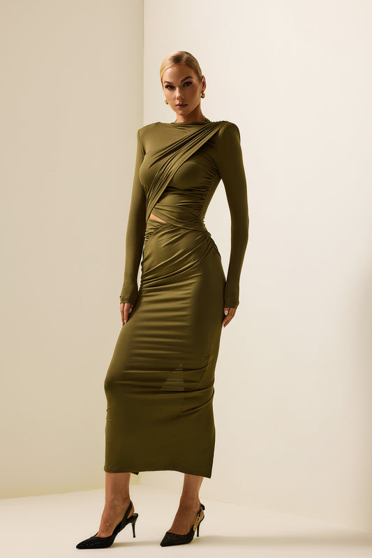 Solid Ruched Long Sleeve Midi Dress