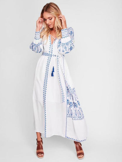 Boho Dress V-Neck Long Sleeves Bohemian Gypsy Beach Vacation White Spring Summer Belted Maxi Dress For Women