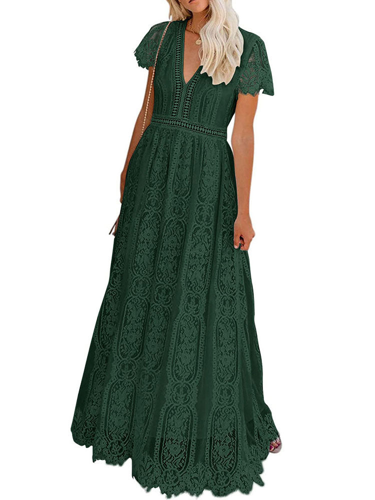 Maxi Dress V-Neck Short Sleeves Casual Long Dress