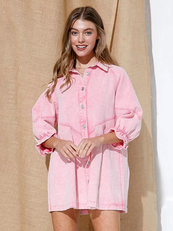 Gathered Sleeves Dresses Front Buttons Solid Color Mini Dress
