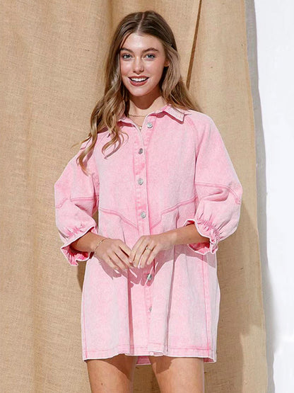 Gathered Sleeves Dresses Front Buttons Solid Color Mini Dress
