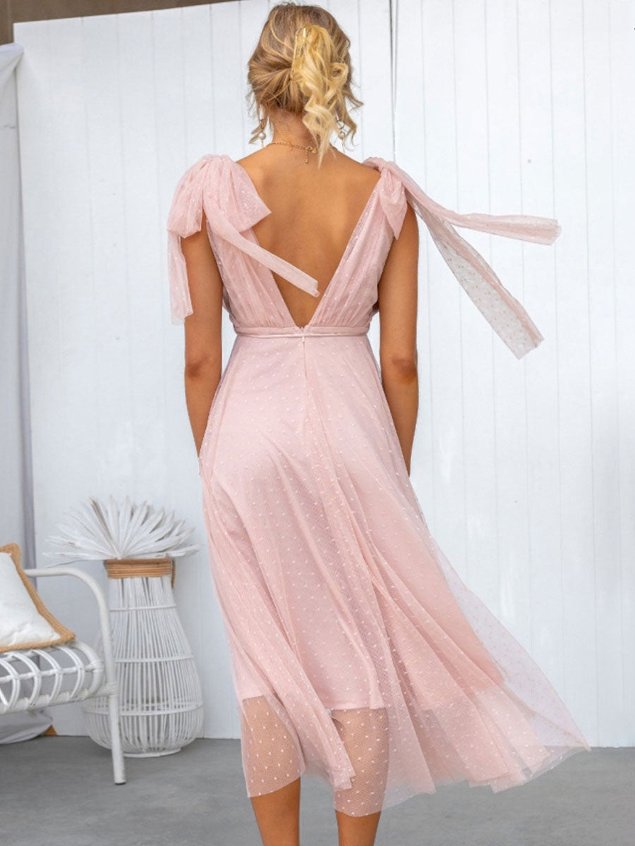 Summer Midi Dress Pink V-Neck Lace Up Tulle Beach Dress