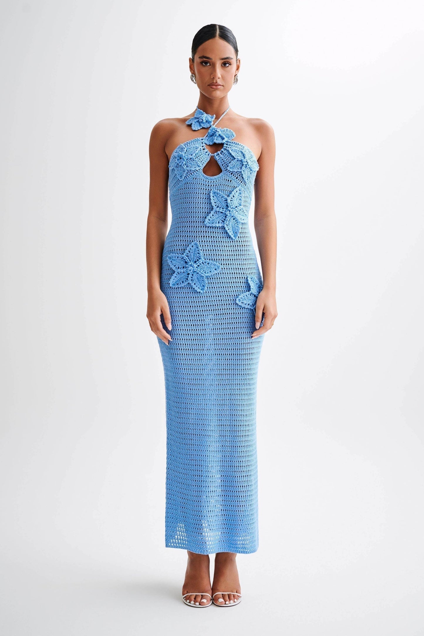Crochet Floral Appliqué Asymmetric Halter Keyhole Cutout Bodycon Midi Dress