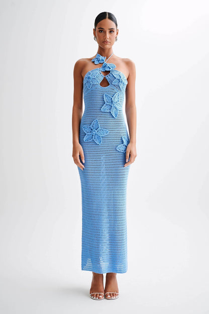 Crochet Floral Appliqué Asymmetric Halter Keyhole Cutout Bodycon Midi Dress