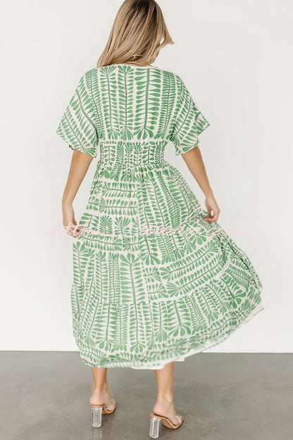 Bohemian Style Unique Printed Short Sleeve High Waist Midi Dress