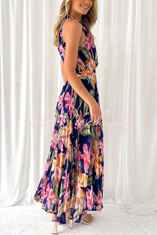 Delicate Floral Print Halterneck Lace Up Pleated Maxi Dress