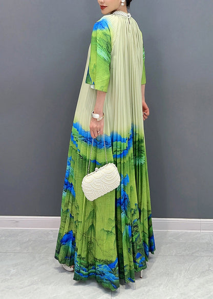 Elegant Green Turtleneck Print Tie Waist Maxi Dress Half Sleeve