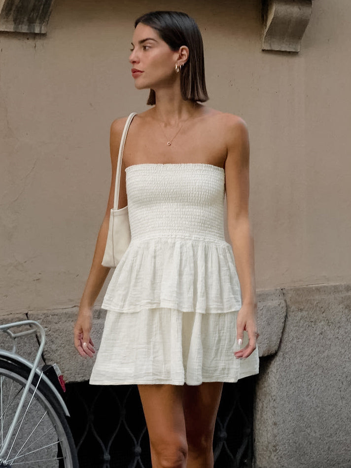 Summer Dress Mini Dresses Ecru White Strapless Pleated Cotton Beach Dress