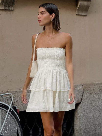 Summer Dress Mini Dresses Ecru White Strapless Pleated Cotton Beach Dress