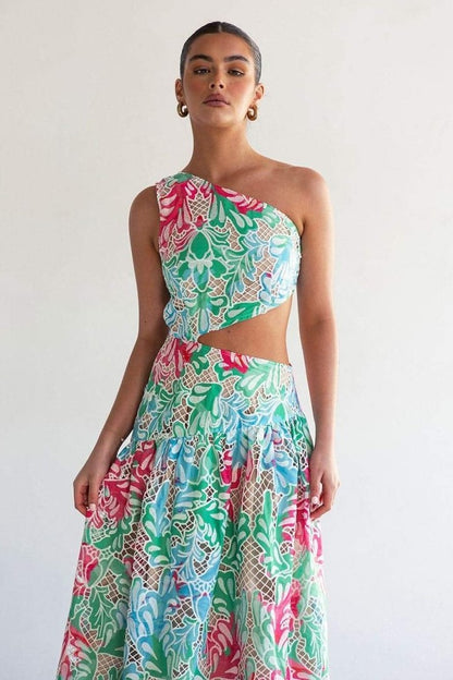 Botanical Print  One Shoulder Frill Midi Dress