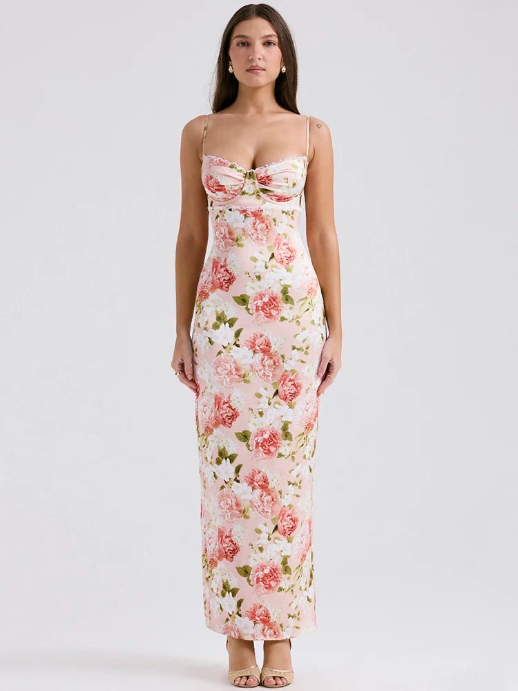 Spaghetti Strap Print Maxi Dress - Women's Sleeveless Backless Bodycon Long Dress