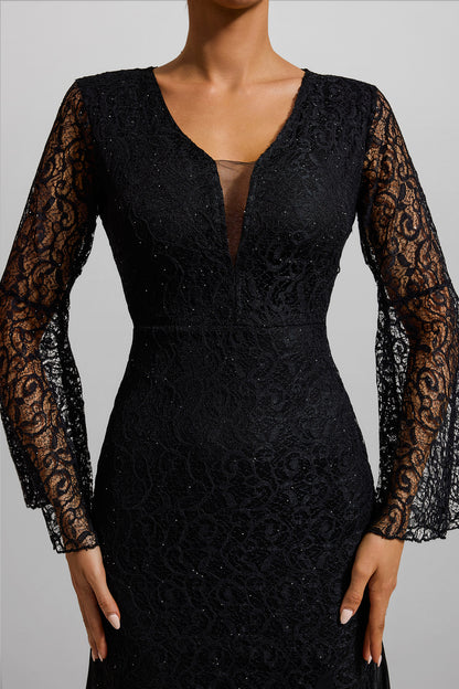 Lace Solid V-Neck Ball Sleeve Midi Dress