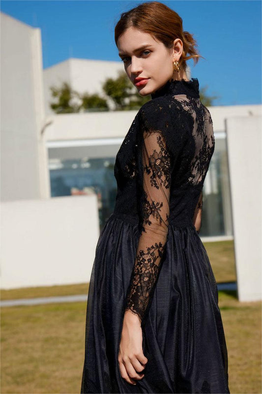 Lace High Neck Long Sleeve Midi Dress