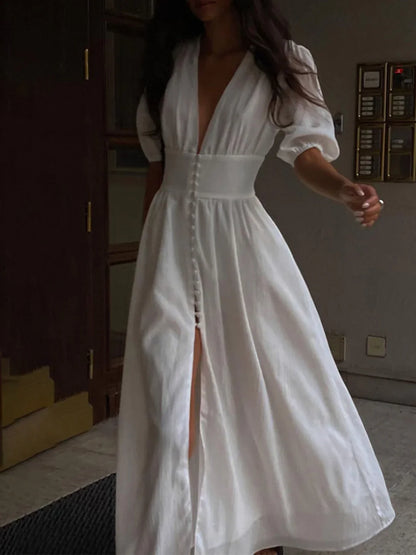 Bubble Sleeves Frenchy Button Split Long Dress