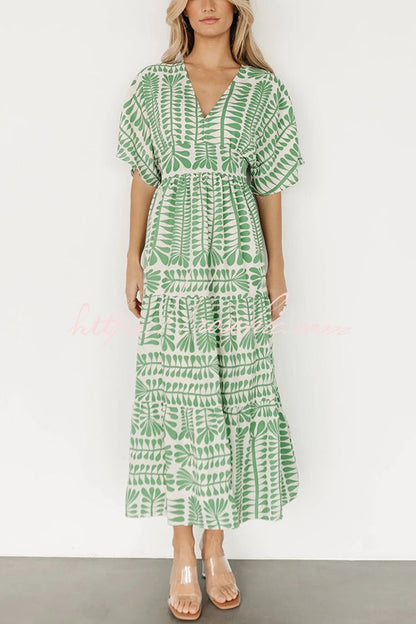 Bohemian Style Unique Printed Short Sleeve High Waist Midi Dress