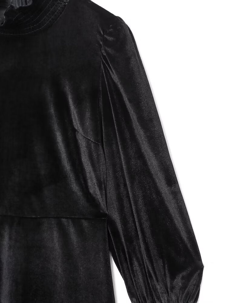 Fall Women Clothing Black Dress French Court Puff Sleeve Velvet Mini Dress