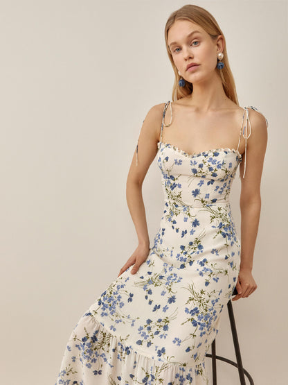 Floral Print Chiffon Casual V-Neck Sleeveless Midi Dress