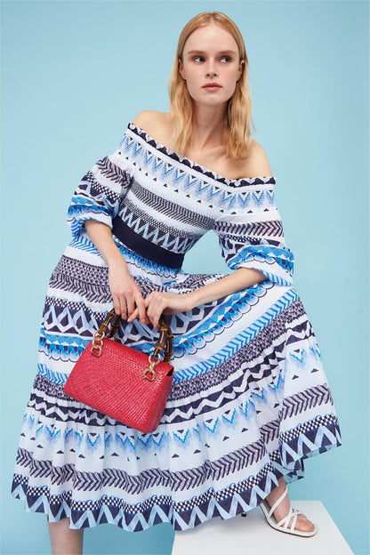 Geometric Patterns Smocking Off-Shoulder Midi Dress