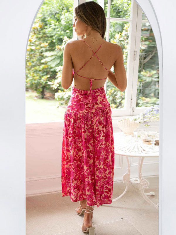 Summer Midi Dress Red Asymmetrical Neck Cut Out Floral Print Beach Dress