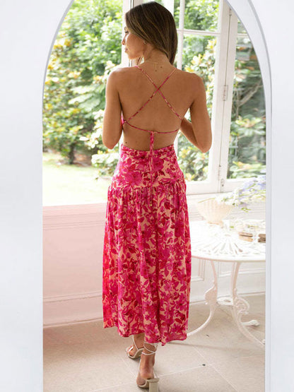 Summer Midi Dress Red Asymmetrical Neck Cut Out Floral Print Beach Dress