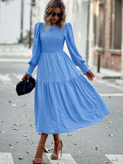 Pleated Midi Dress Lantern Sleeves Cuffs Layering Day Dresses