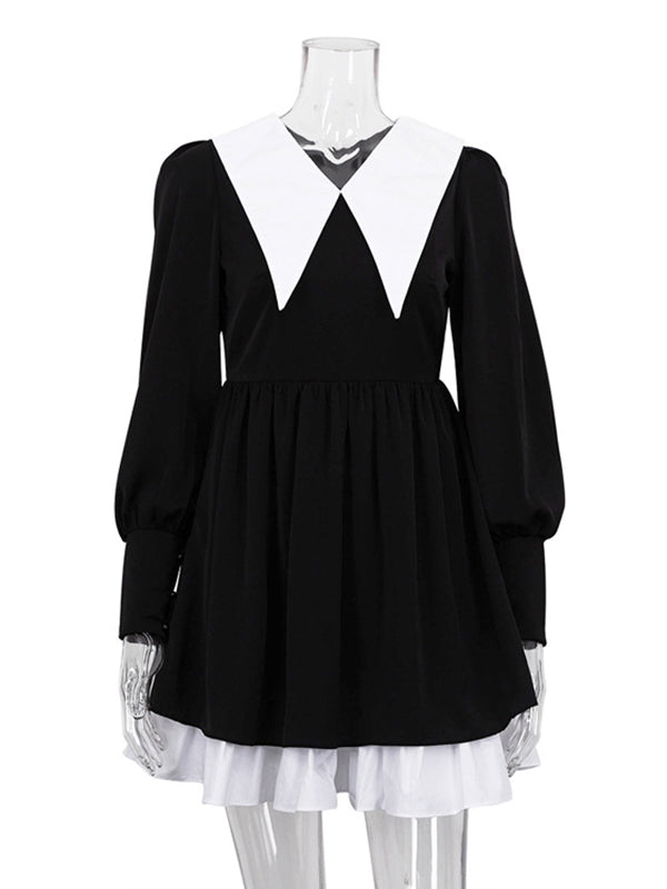 Long Sleeves Loose Contrast Color Pleated Tiered Peter Pan Collar Mini Dresses