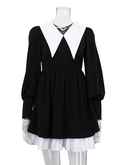 Long Sleeves Loose Contrast Color Pleated Tiered Peter Pan Collar Mini Dresses