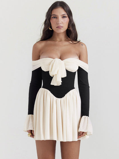 Ruffles Trim Flared Dress Off Shoulder Backless Two-Tone Mini Dresses